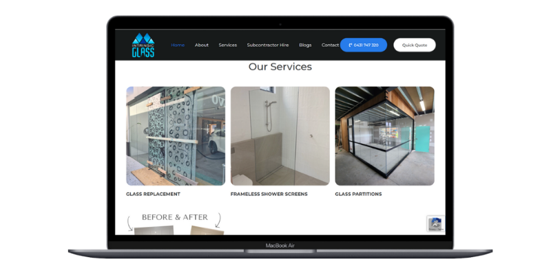 Laptop screen showing Intrinsic Glass service cards for replacement, shower screens and partitions
