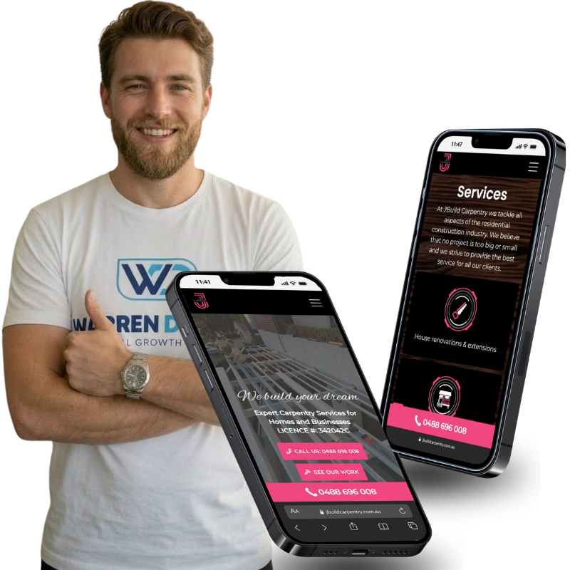 Warren Digital case study image showing JBuild Carpentry website on mobile screens