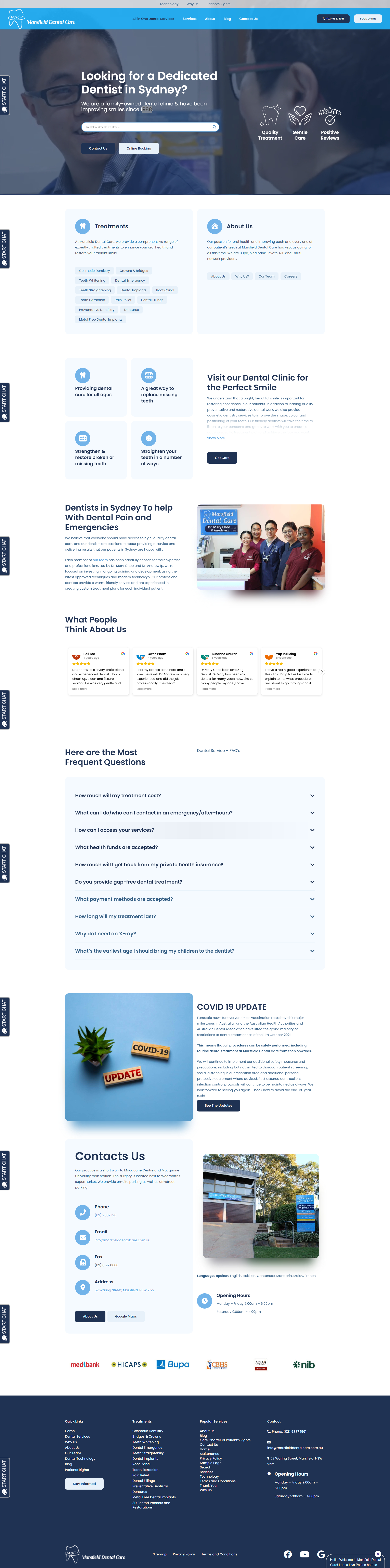 Marsfield Dental Care homepage showing Sydney dental treatments, reviews and contact details