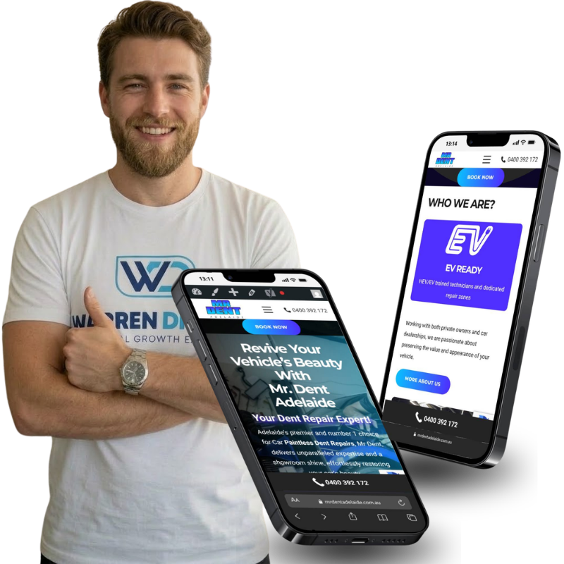 Warren Digital case study image showing Mr Dent Adelaide website on mobile screens