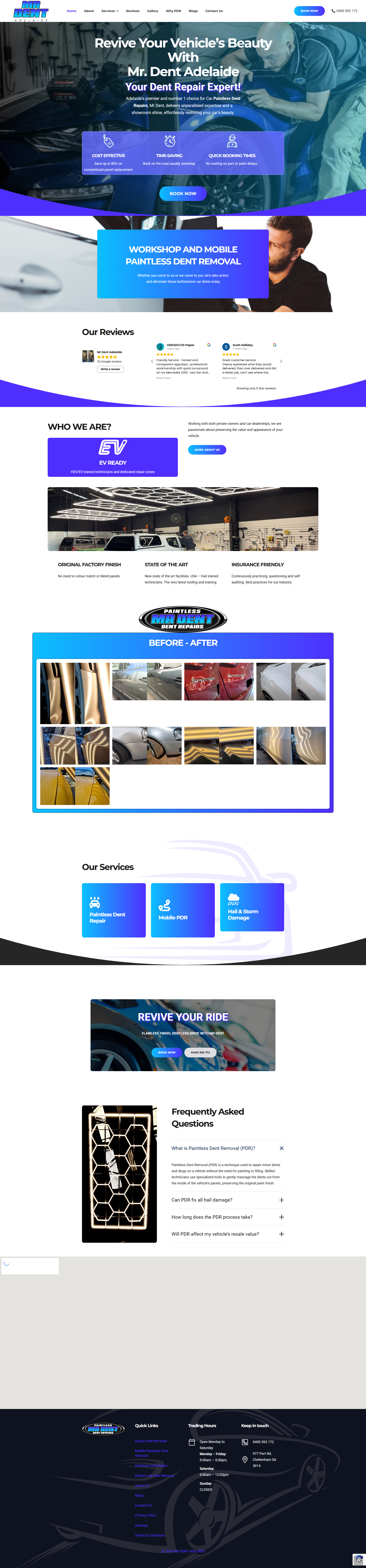 Mr Dent Adelaide homepage showing dent repair services, reviews and before-after gallery