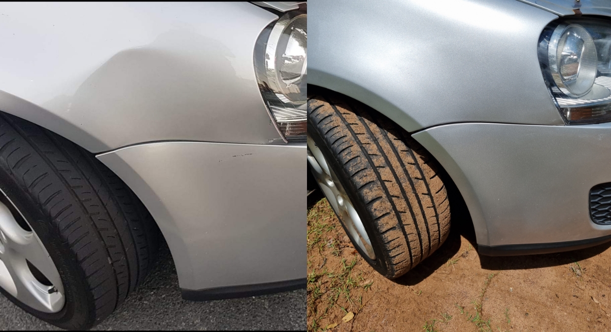 Before and after dent repair on a silver car front guard
