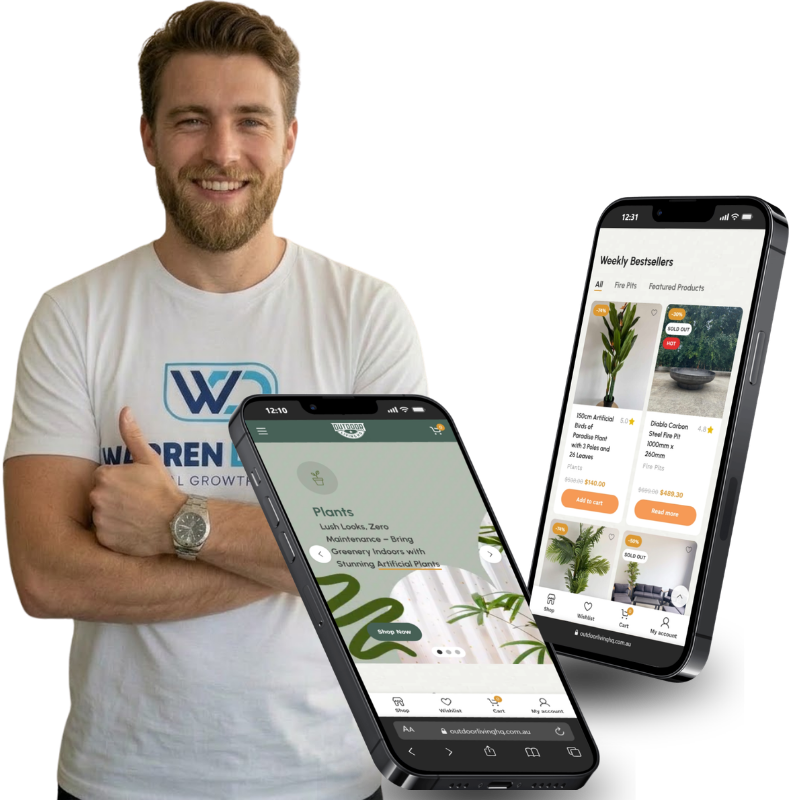 Warren Digital case study image showing Outdoor Living HQ eCommerce website on mobile screens