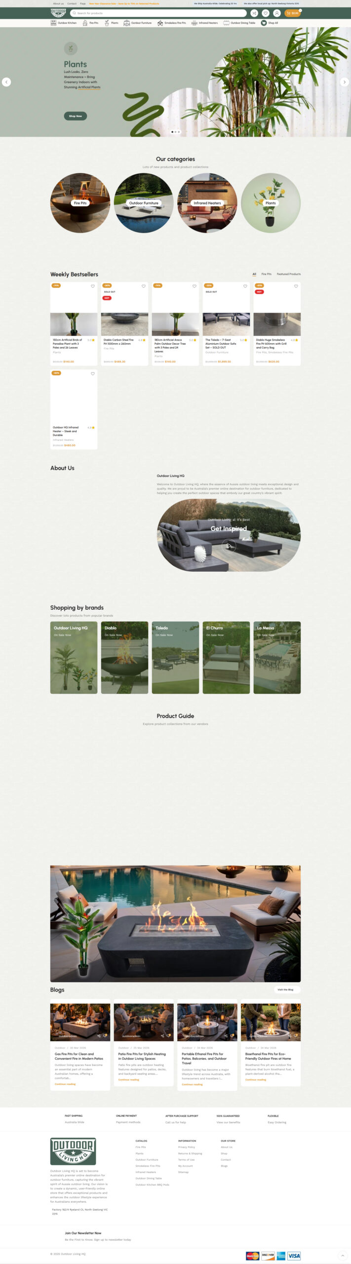Outdoor Living HQ homepage with plants, categories, bestsellers and blog sections