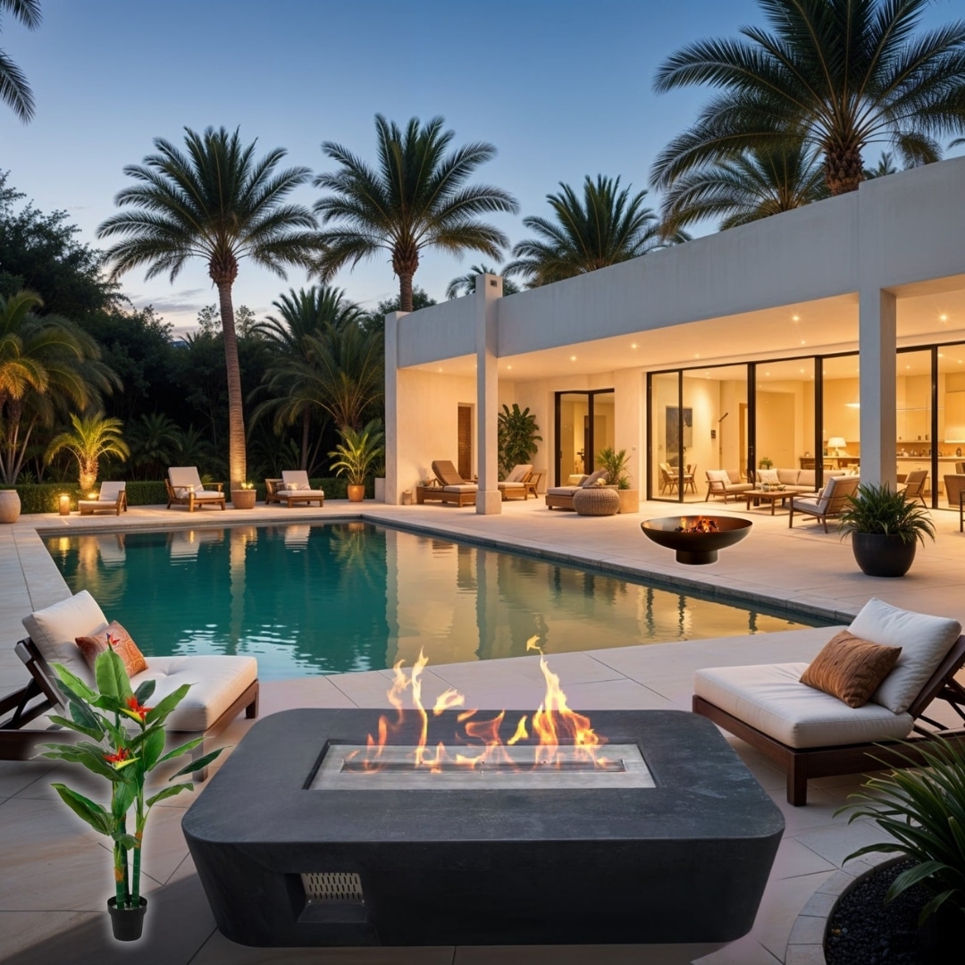 Luxury outdoor living area with pool, fire pit and tropical landscaping at dusk