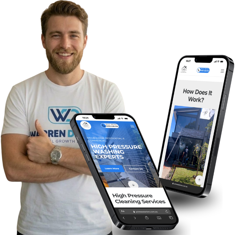 Warren Digital case study image showing Prime Exteriors website on mobile screens