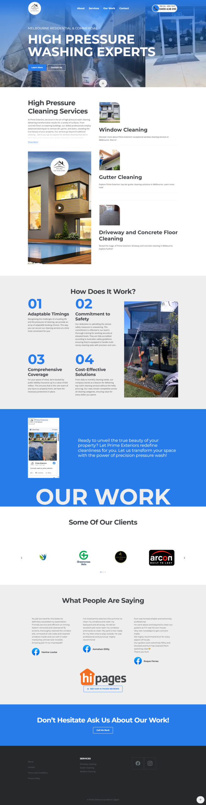 Prime Exteriors homepage showing pressure washing services, reviews and Melbourne contact details