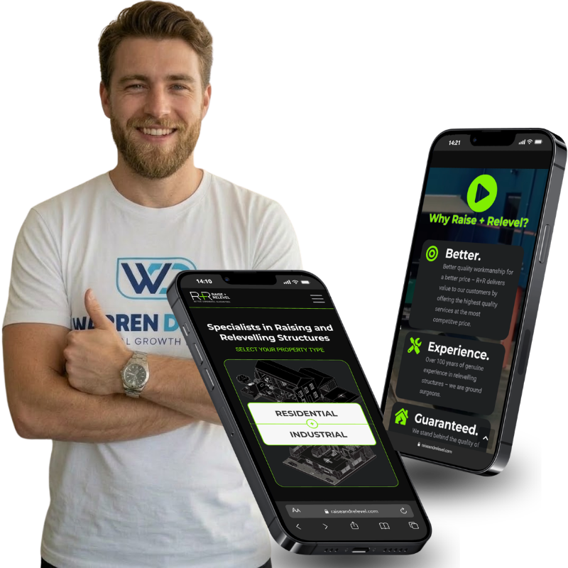 Warren Digital case study image showing Raise and Relevel website on mobile screens