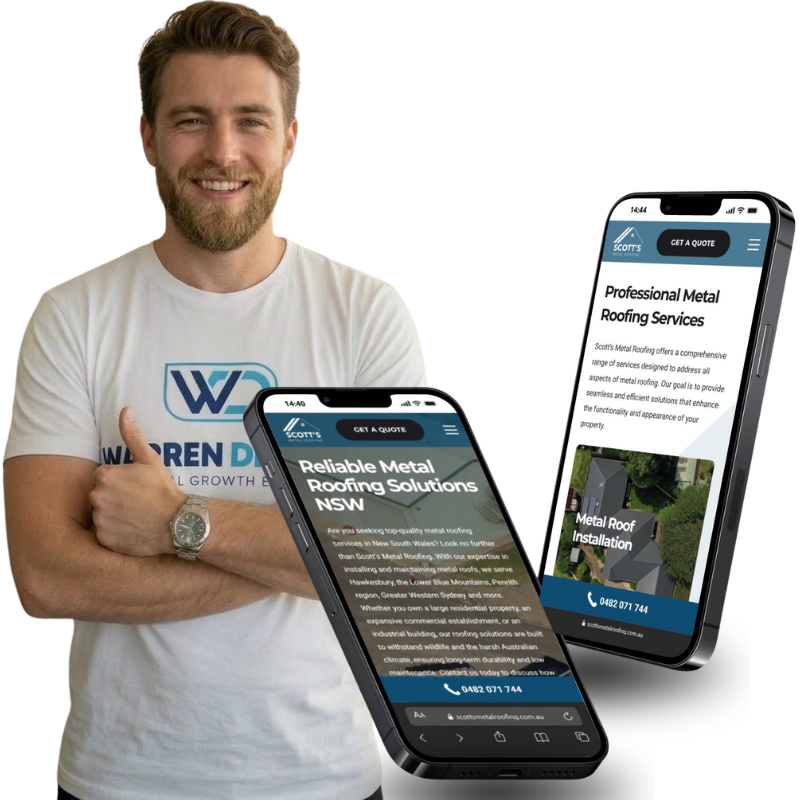 Warren Digital case study image showing Scotts Metal Roofing website on mobile screens