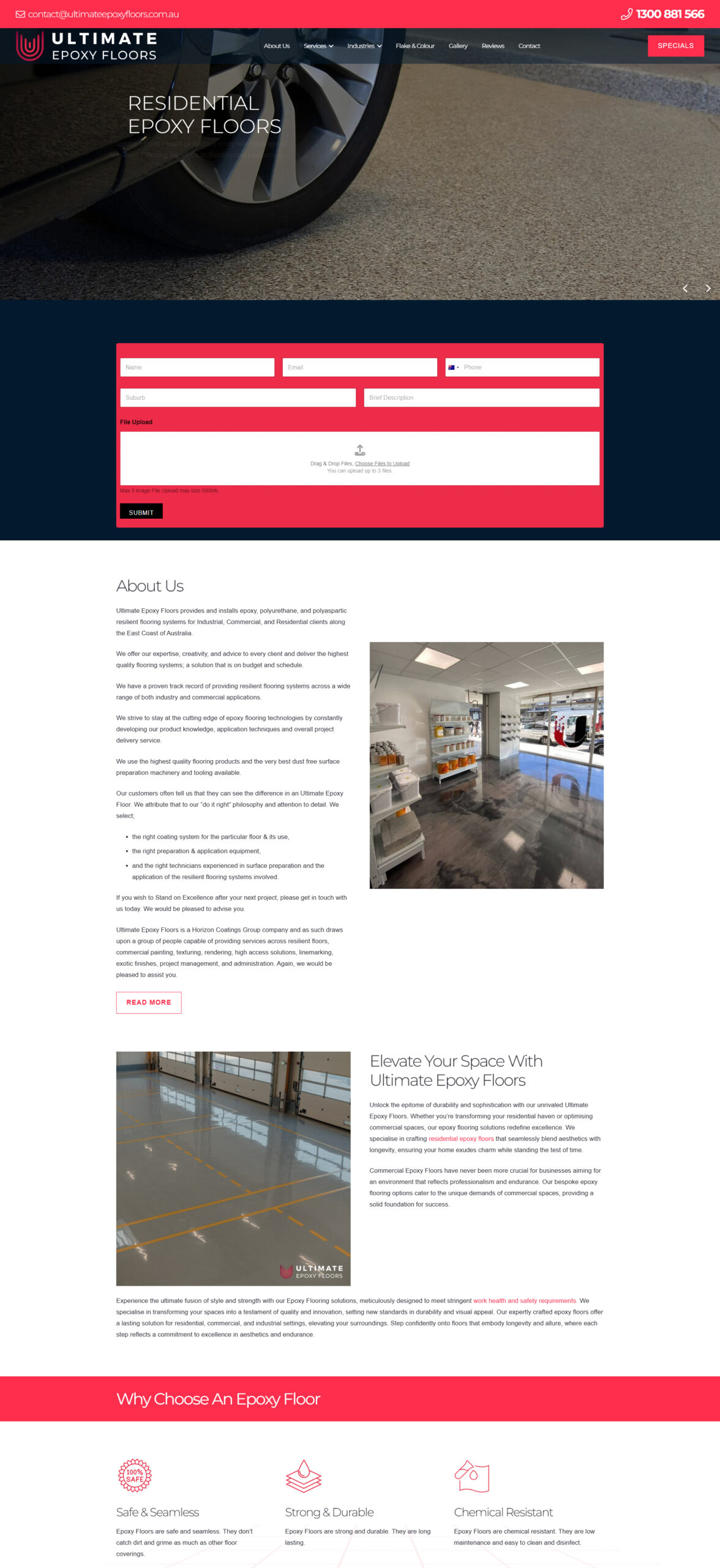 Ultimate Epoxy Floors homepage showing Sydney quote form, epoxy flooring sections and service content