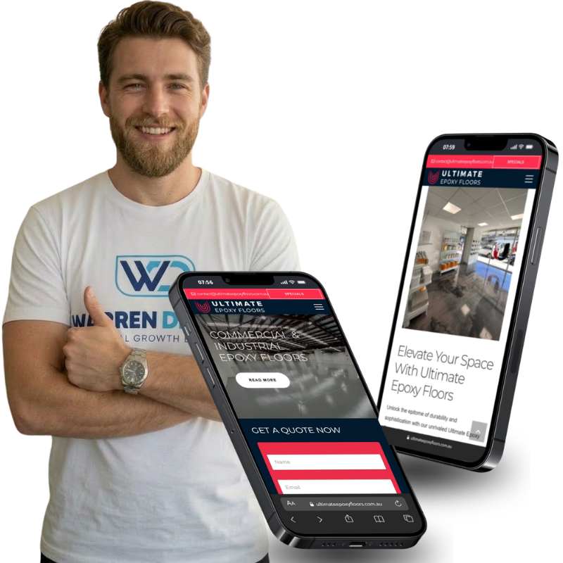Warren Digital case study image showing Ultimate Epoxy Floors website on mobile scree
