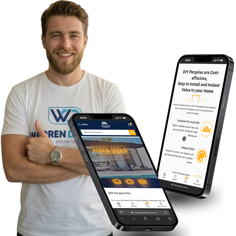 Warren Digital case study image showing Unique Pergolas website on mobile screens