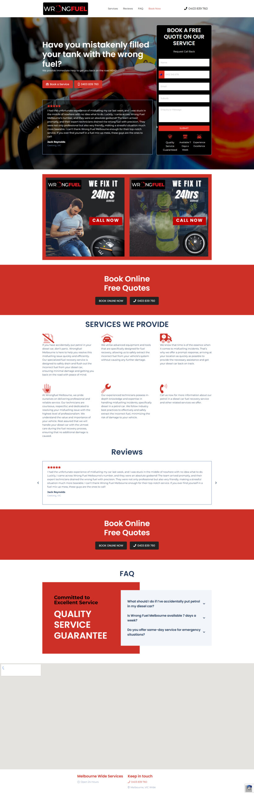 Wrong Fuel Melbourne homepage showing quote form, services, reviews and FAQ sections