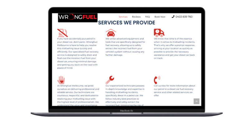 Laptop screen showing Wrong Fuel Melbourne services we provide section