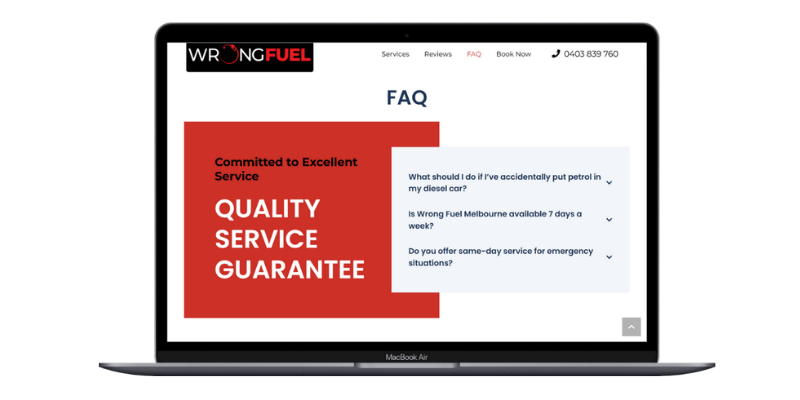 Laptop screen showing Wrong Fuel Melbourne FAQ and service guarantee section