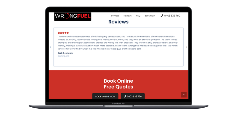 Laptop screen showing Wrong Fuel Melbourne customer review and booking section