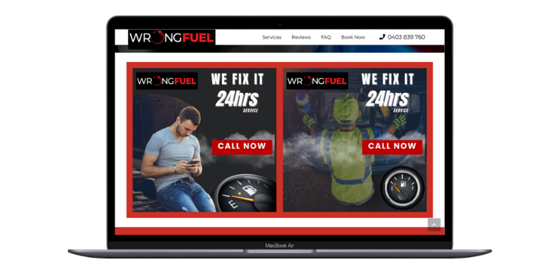 Laptop screen showing Wrong Fuel Melbourne promotional call now service banners