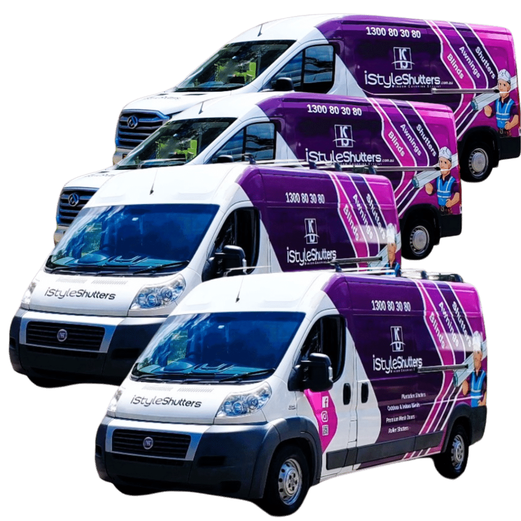 Branded iStyle Shutters service vans displayed in a promotional fleet image