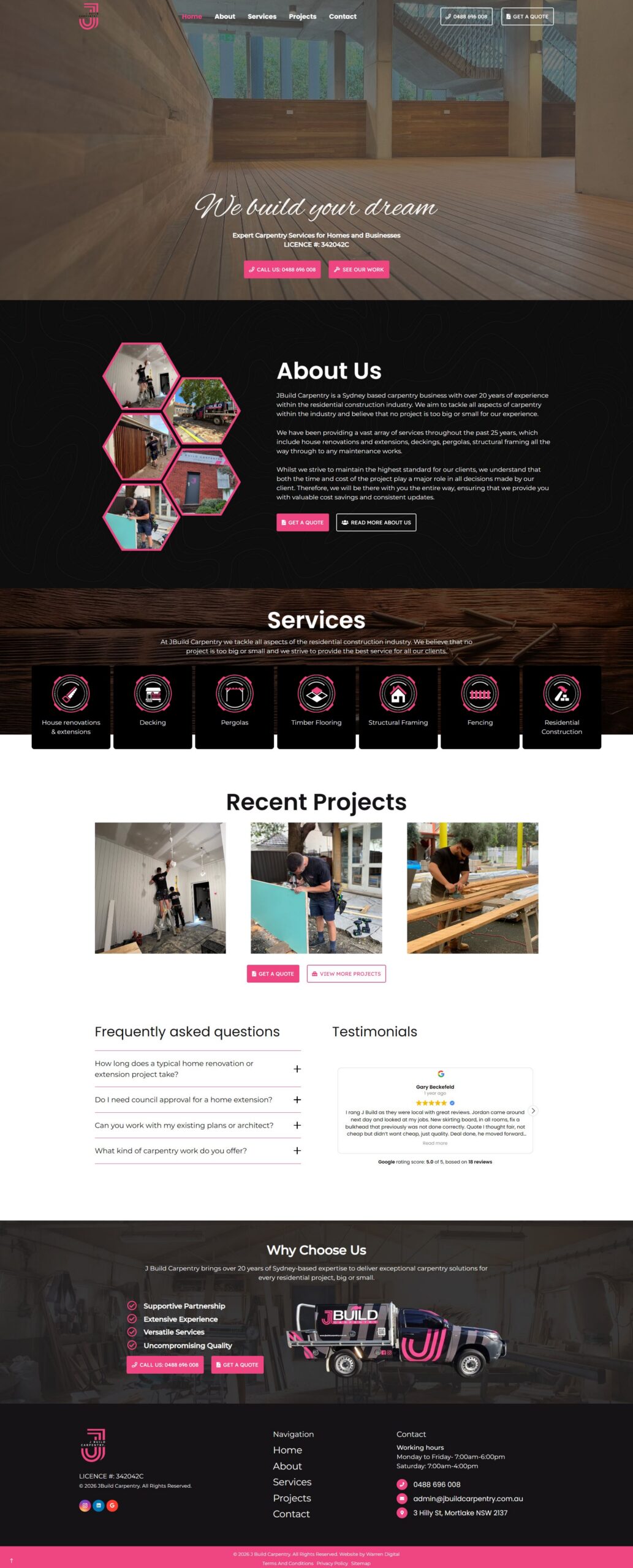 JBuild Carpentry homepage showing carpentry services, projects, testimonials and contact details