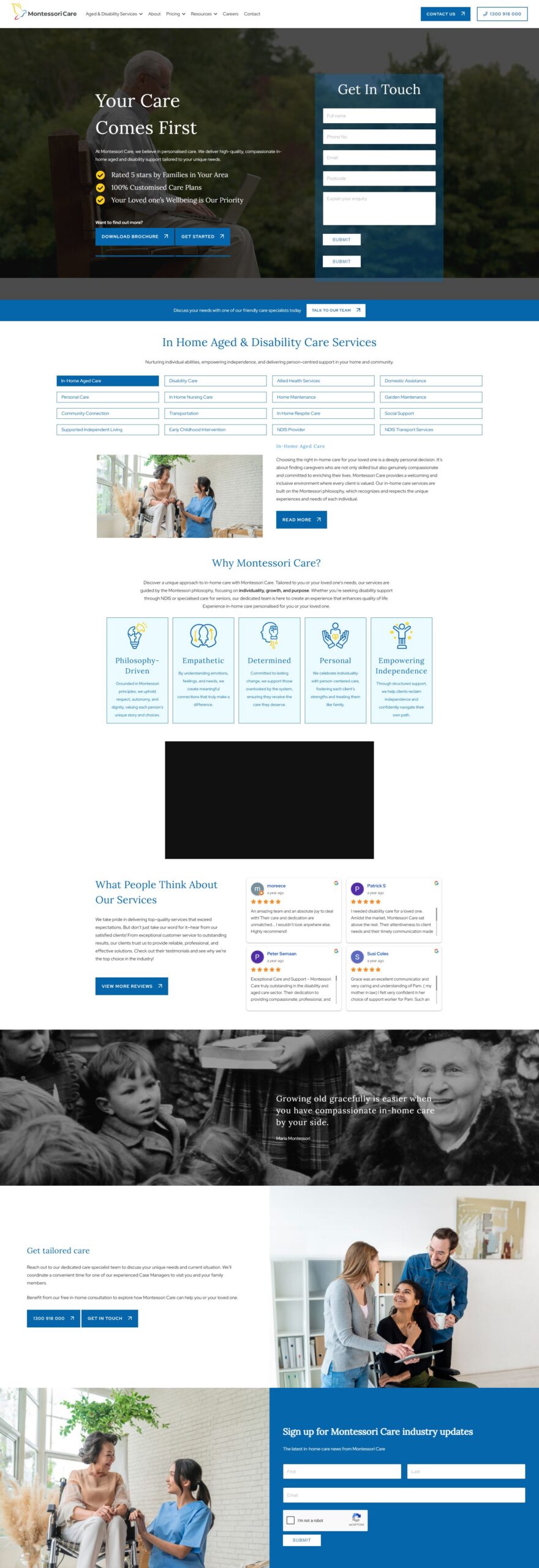 Montessori Care homepage showing in-home care services, reviews and contact sections