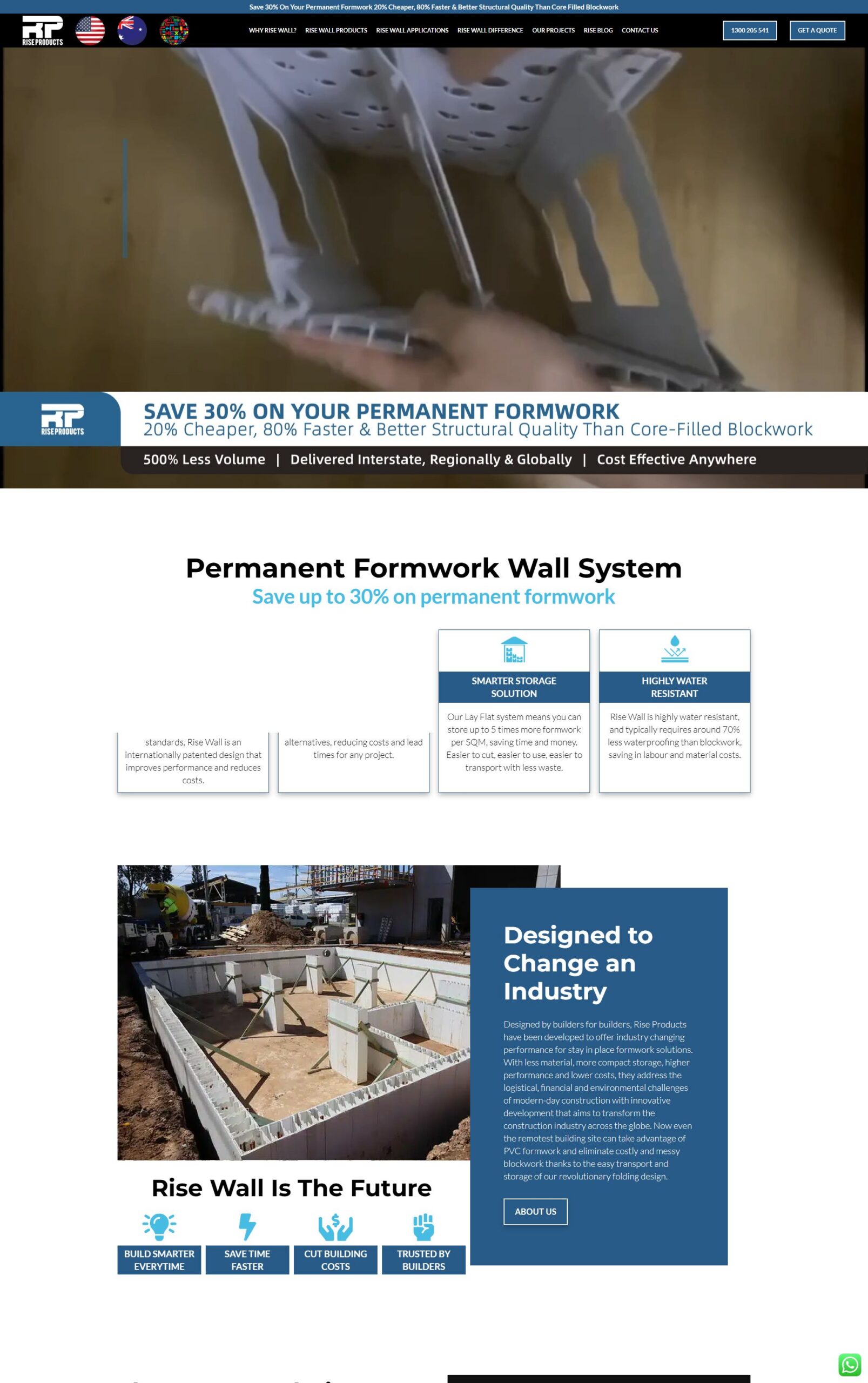 Rise Products homepage showing permanent formwork system content and project sections