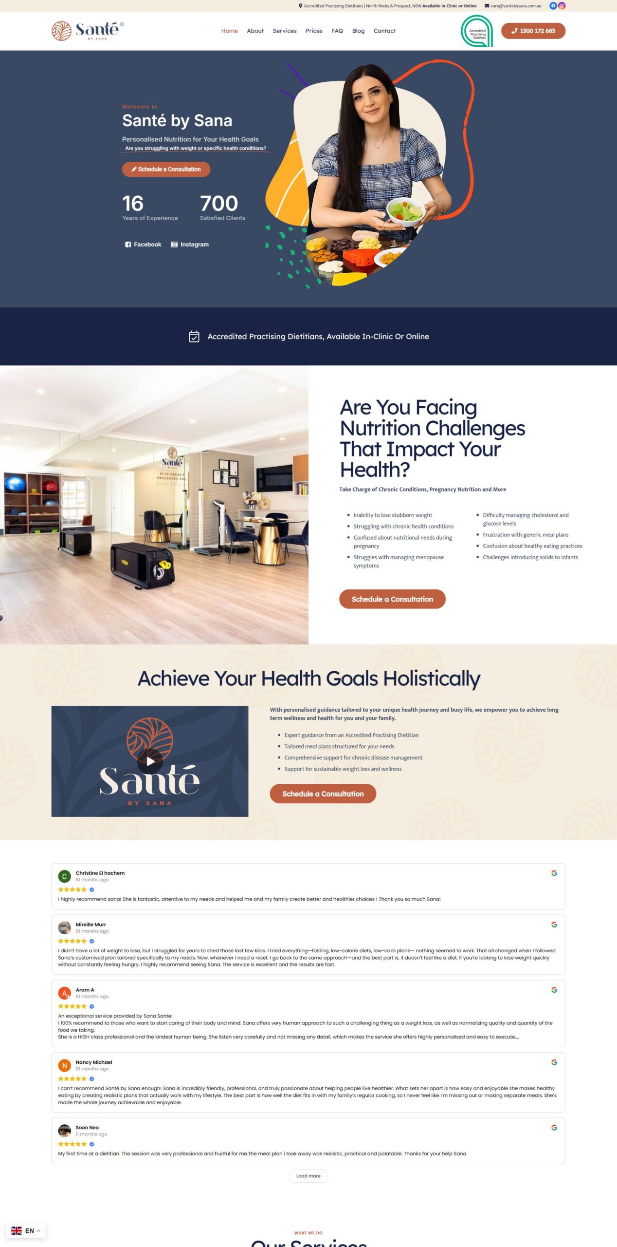 Santé by Sana homepage showing dietitian services, testimonials and consultation sections
