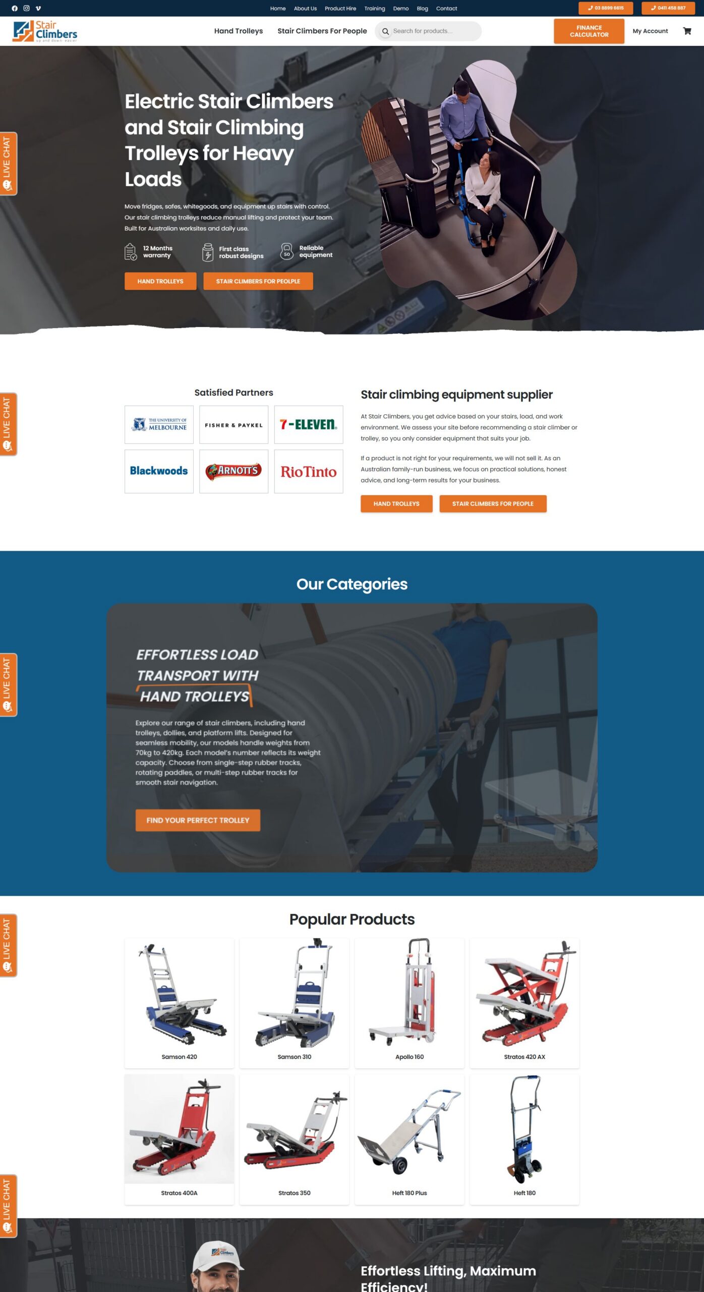 Stair Climbers homepage showing electric stair climbers, product categories and featured products