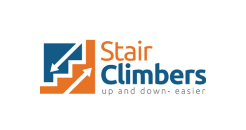 Stair Climbers logo with blue and orange stair icons and brand text