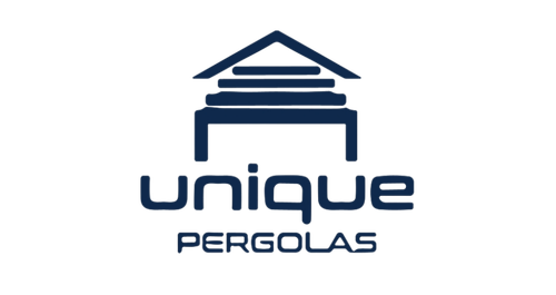 Unique Pergolas logo in blue with pergola roof icon above brand name