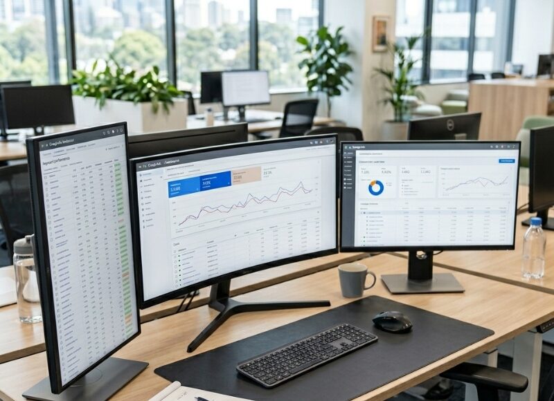 Google ads agency performance dashboard displayed across multiple monitors in a modern office workspace.
