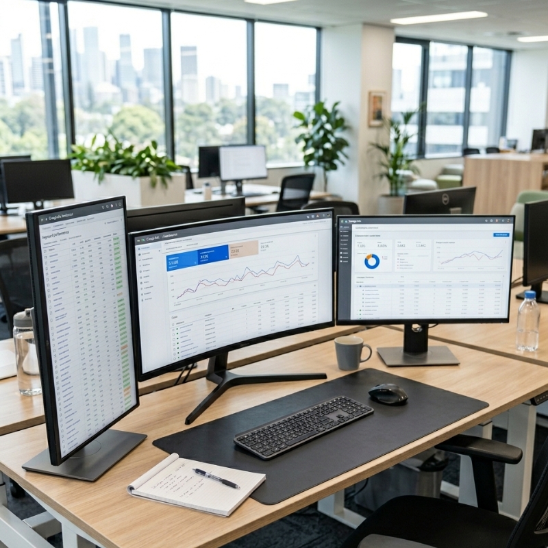 Google ads agency performance dashboard displayed across multiple monitors in a modern office workspace.