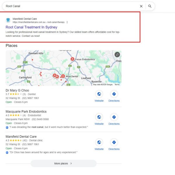 Google result showing Marsfield Dental Care ranking for root canal treatment in Sydney